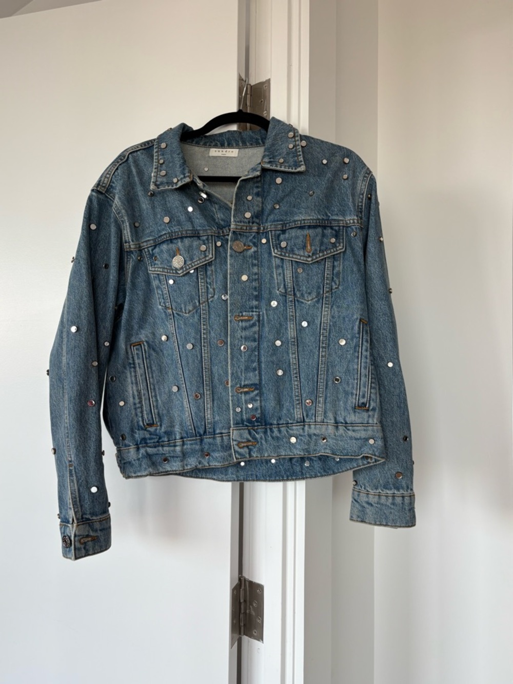 SANDRO Embellished Blue Denim Jacket with Silver Studs